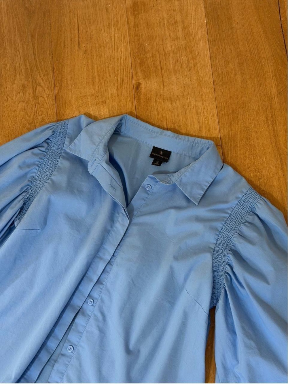 Worthington Light Blue Button-Down Shirt with Smocked Shoulders